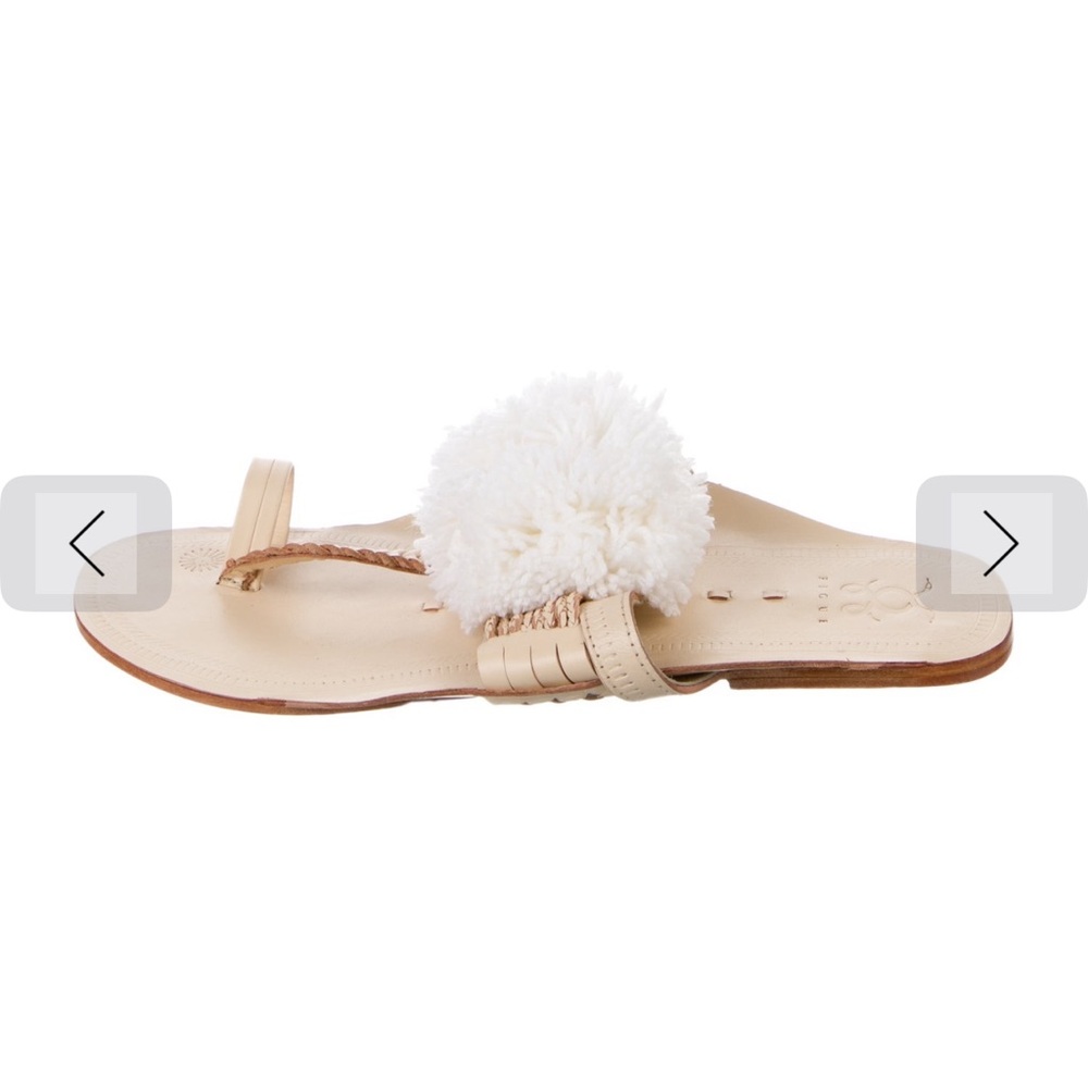 Beige Pom-Pom Leather Slide Sandals